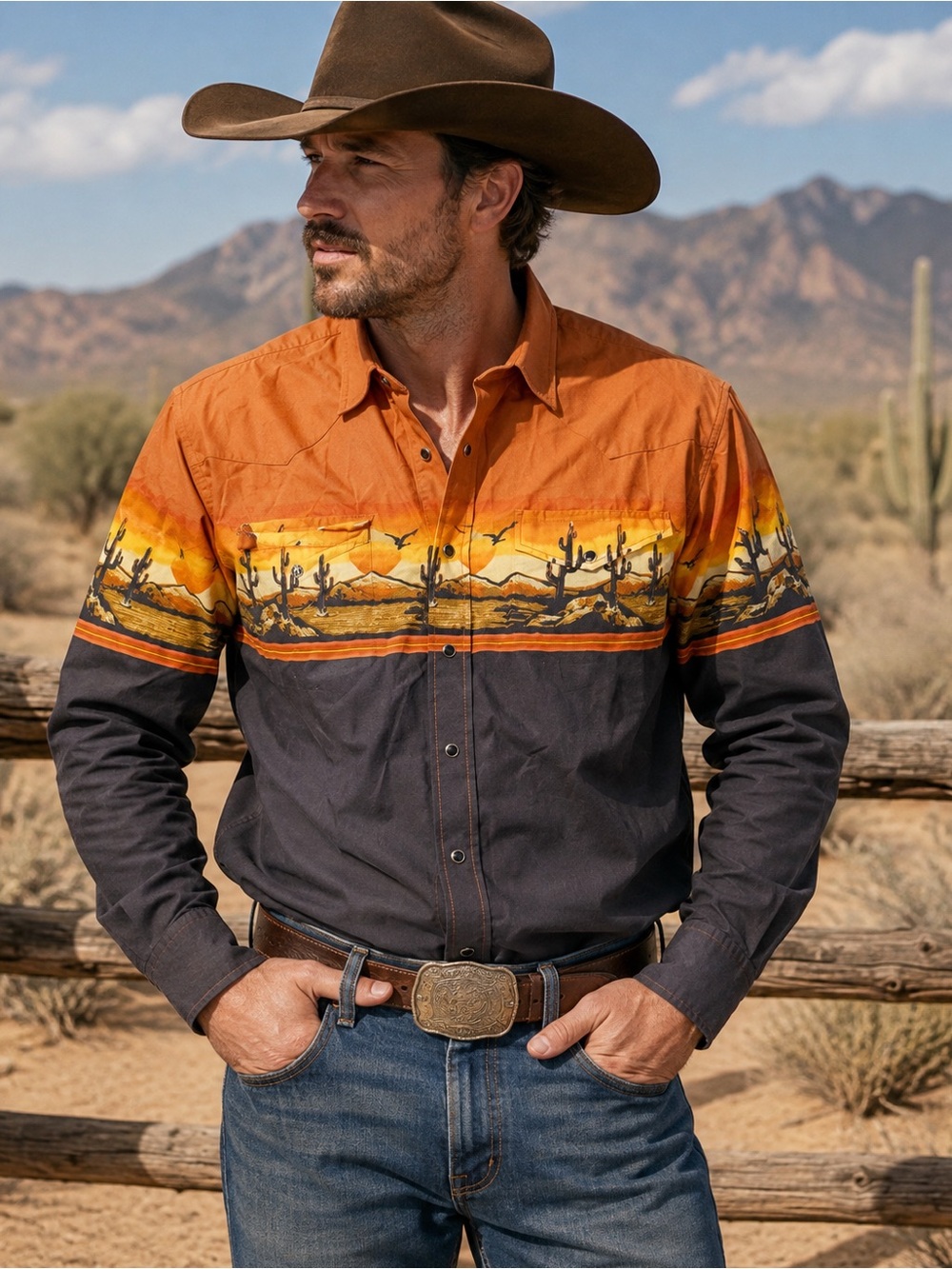 VTG Roper Western Shirt Pearl Snap Desert Orange Sunset Print Mens M